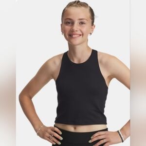 Under Armour Girls Youth Size S Motion Crop Tank In Black W/ Built-In Shelf Bra